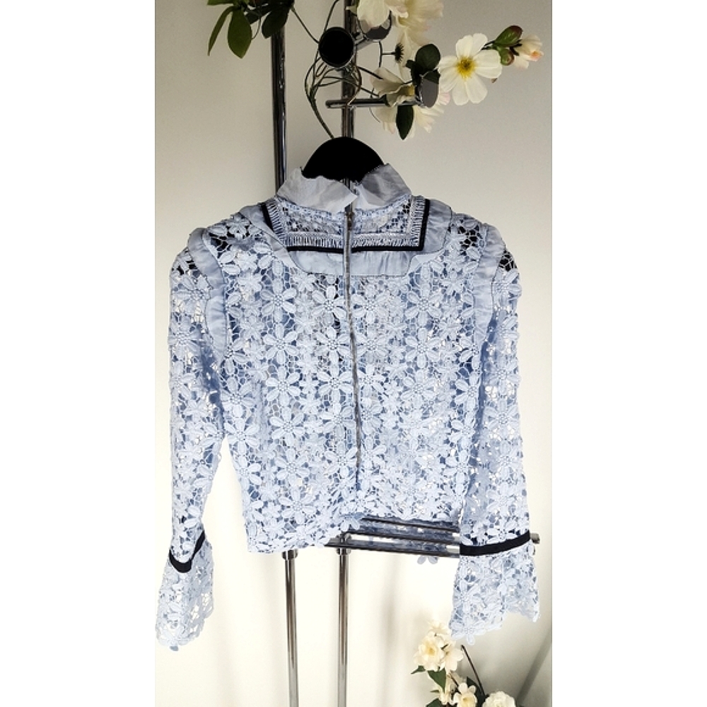 Roselani💙Blue Ruffle Crochet Top W/Long Sleeve - Picture 7 of 10